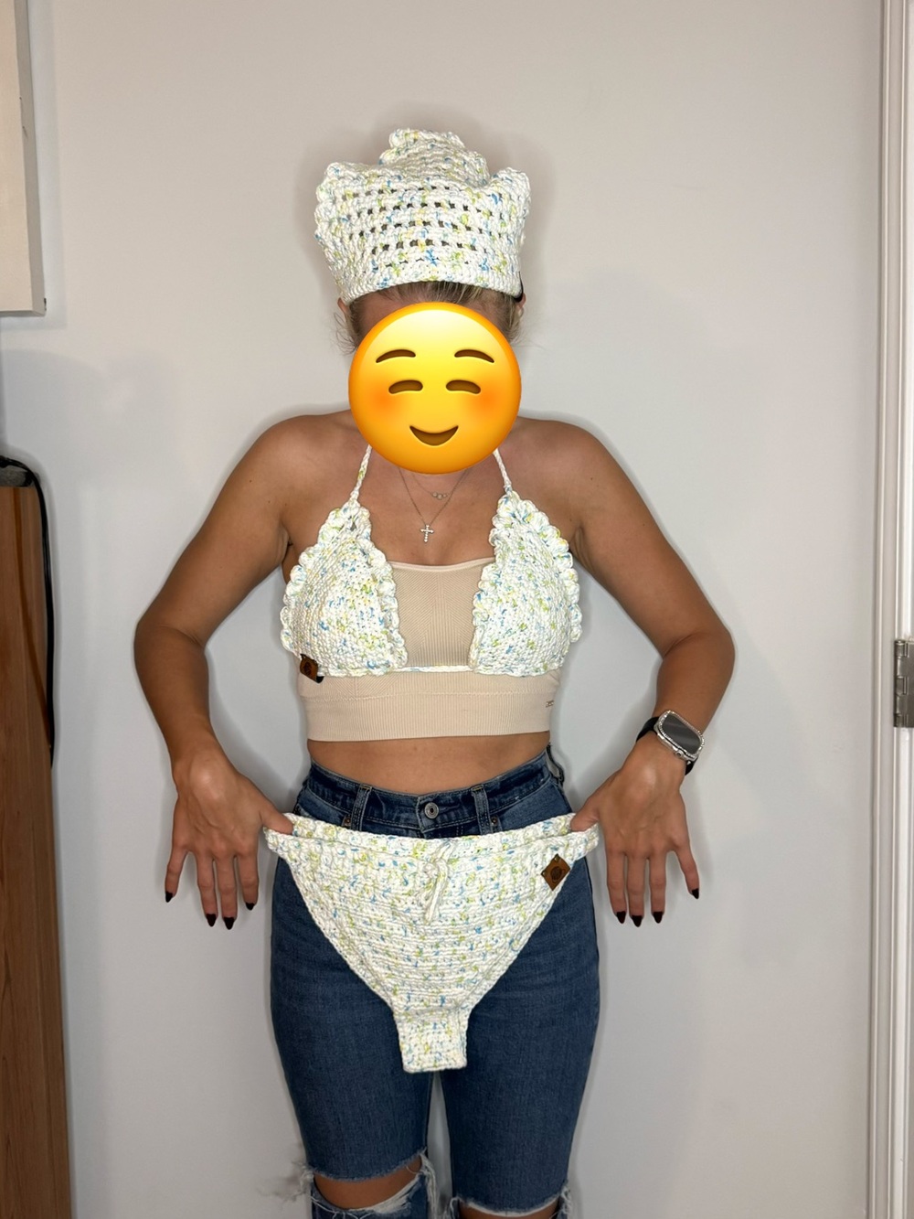 Crochet Triangle Bikini Top and High-Waist Bottoms — Cream Multi